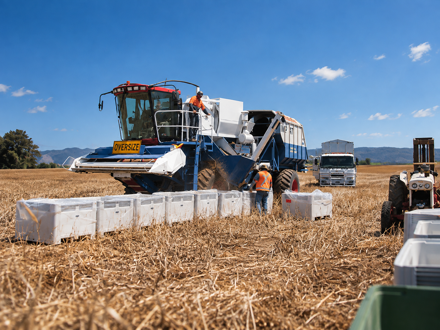 Workers with harvesting machinery and collection bins in a harvested field