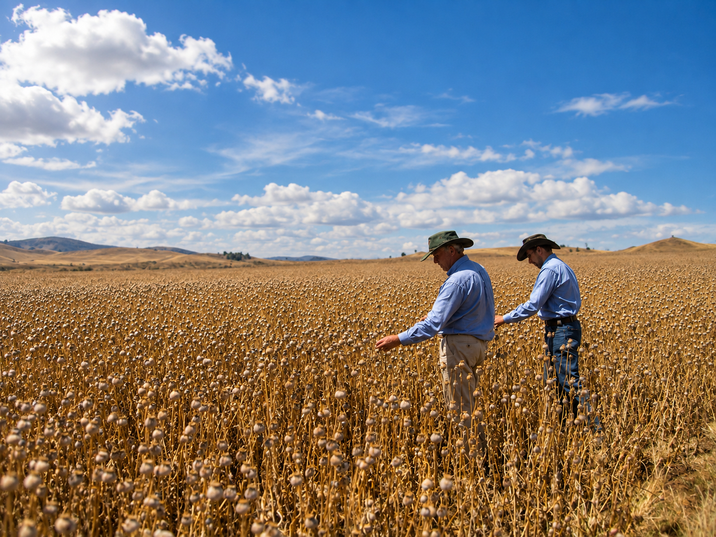Two people inspecting mature poppy capsules in a field